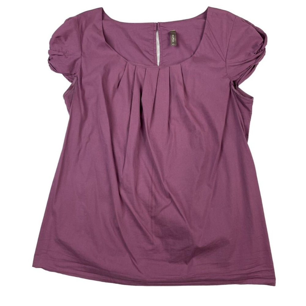 Thyme Maternity Shirt Womens Large Purple Cap Sleeve Blouse Round Neck Pleated